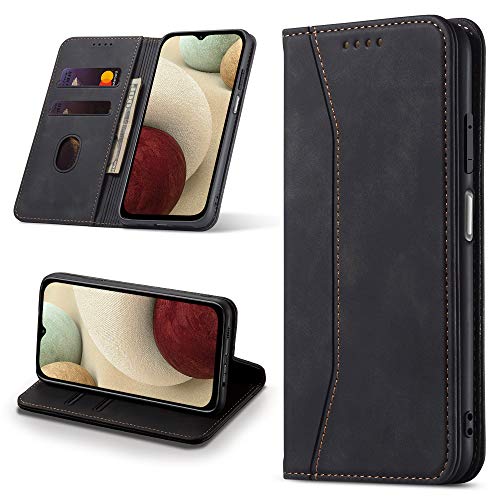 Leaisan Handyhülle für Samsung Galaxy A12 Hülle Premium Leder Flip Klappbare Stoßfeste Magnetische [Standfunktion] [Kartenfächern] Schutzhülle für Samsung Galaxy A12 Tasche - Schwarz Cover