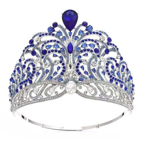 Miss Universe Force for Good Crown Shining Rhinestone Tiara Full Circle Large Crown Adjustable Bridal Wedding Party Big Crowns (Blue)