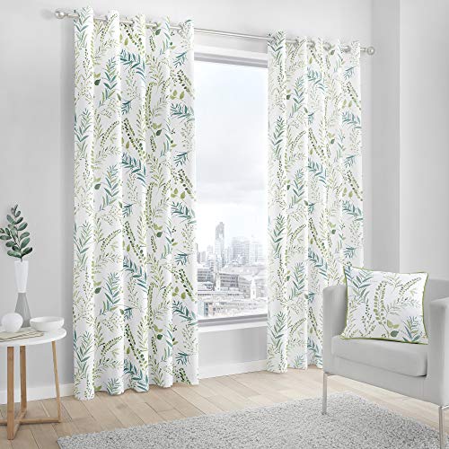 Fusion Sorbonne Fernworthy Rideaux doublés à œillets 100% Coton Motif Feuilles Vert 117 x 183 cm, Doublure : 52% Polyester, 48, W117cm (46') x D183cm (72')