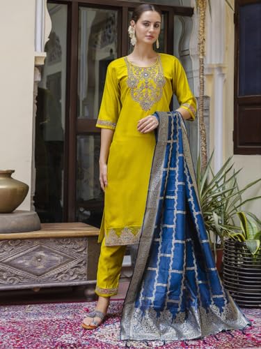 Image of VredeVogel Kurta Set with Dupatta | Viscose Rayon Embroidered Kurta Set for Women | Women's Ethnic Casual Kurti Set |Kurta Pant Festive Suit