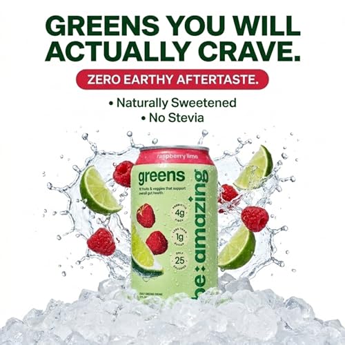 Image of Be Amazing Greens Drink, Raspberry Lime, Vitamin Drinks With 10 Organic Fruits and Vegetables, Coconut Water, Vitamin C, and Prebiotic Fiber, 25 Calories, Low Sugar, Vegan and Gluten Free, 8 Pack