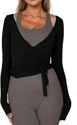 Women Wrap Tie Top Y2k Long SLeeve Ballet Workout Yoga Shirt Coquette Blouses