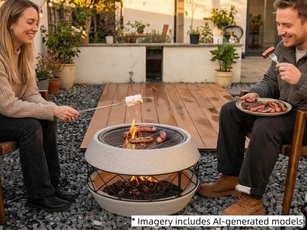 Image of Wood Burning Concrete Outdoor Fire Pit (Round 1) | Brand:Loomdeen,BBQ Grill Firepit ,Fire Pit Table,MGO Concrete Base,Patio Garden Backyard,Outdoor Gatherings,
