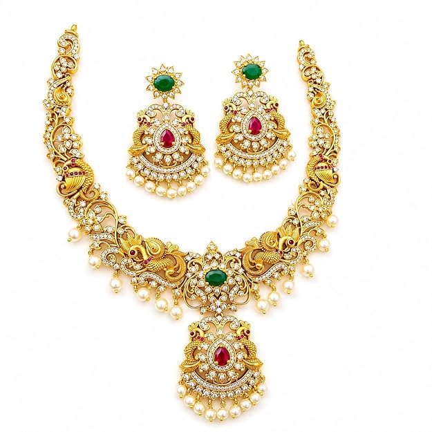 Peacock Design Matte Gold Haram Necklace Set with Jhumka Earrings, Ruby Green AD Kemp Stones, Antique South Indian Bridal Jewellery for Wedding-image-7