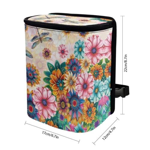 Image of Bohemian Flower Dragonfly Car Garbage Can with Adjustable Straps Car Hanging Trash Can with Lid Multipurpose Portable Trash Bag for Cars SUVs, Trucks
