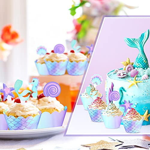 80 Pieces Mermaid Cupcake Wrappers And Toppers Mermaid Cake Topper Mermaid Cupcake Toppers Mermaid Cupcake Decorations Double Side Cupcake Liner Mermaid Under The Sea Birthday Baby Shower Party Decor #TOP3