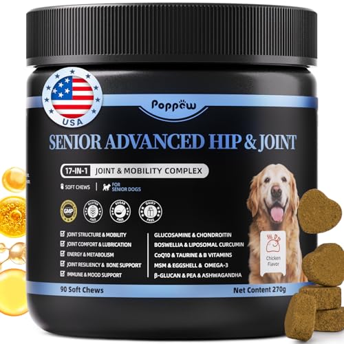 POPPAW Senior Advanced Joint Supplement for Dogs – 17-in-1 Glucosamine for Dogs with Chondroitin – Hip & Joint Pain Relief Pills – Mobility Support Chews – Large & Small Breeds - Chicken Flavor – 90Ct