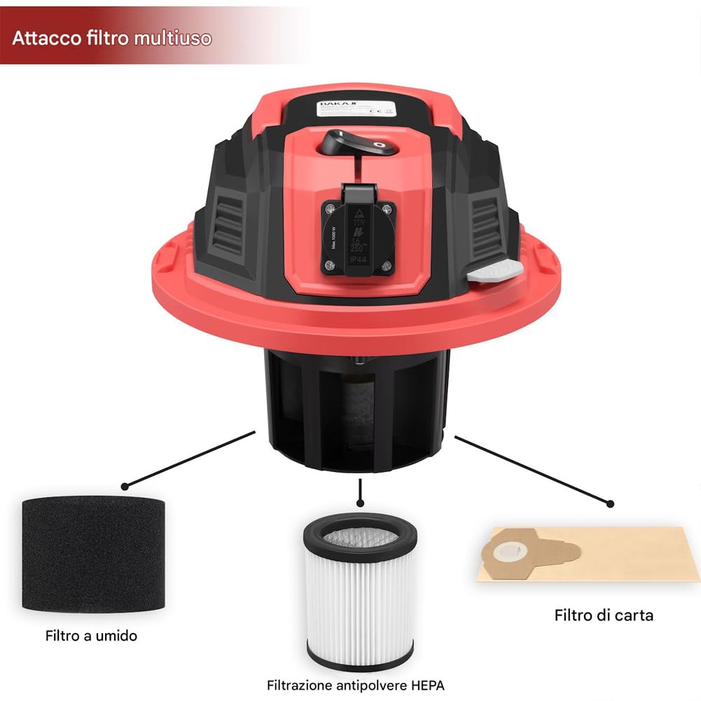 BAKAJI Aspirapolvere Professionale per Liquidi e Solidi Potenza 1200 W, Aspiratutto Aspiraliquidi con Filtro Interno, Filtro HEPA, Tubo Aspirante Flessibile e Bidone in Acciaio Inox da 30 Litri