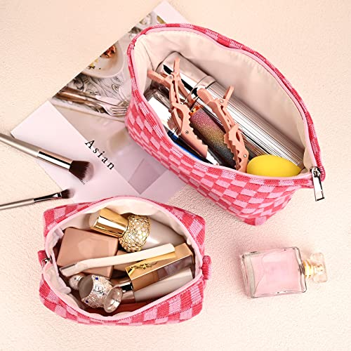 Soidram ROSE RED 2 Pieces Makeup Bag Large Checkered Cosmetic Bag Capacity Canvas Mix Travel Toiletry Bag Organizer Cute Makeup Brushes Aesthetic Accessories Storage Bag thumb #3