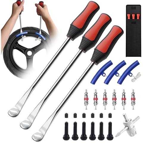HTOMT 26pcs Tire Spoon Kit - Tire Changing Tool Set for Motorcycle, Dirt Bike, Lawn Tractor & Bicycle. 11.5" Motorcycle Tire Changer & Removal Tool with 3pcs Rim Covers, 6pcs Valve Tool & Valve Coress Cover