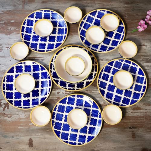 Image of Freakway Premium Moroccan Hand Glazed Ceramic Dinner Set of 19 Pieces for Dinner with Bowls | 6 Dinner Plates and 12 Serving Bowl /katori & 1 Large Bowl| Microwave & Dishwasher Safe - Blue
