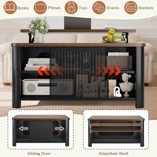 Image of Decofy Lift Top Coffee Table with Storage, Square Coffee Table with Large Hidden Storage & Adjustable Shelves, Farmhouse Center Table with Sliding Door for Living Room, Home Office, Black