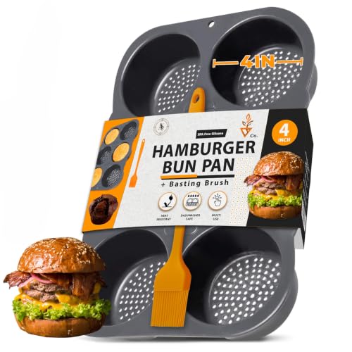AKS Co Hamburger Bun Pan Non-Stick Silicone - Oven-Safe Vented 6-Cavity Baking Mold Dishwasher Safe with Basting Brush