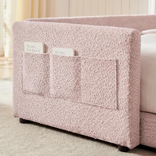 Image of Queen Size Bed Frame for Kids, Upholstered Daybed Frame Floor Bed with Safety Rails and Storage Pocket Cute Rabbit Ear Shaped Headboard for Kids Teens Boys Girls, Pink