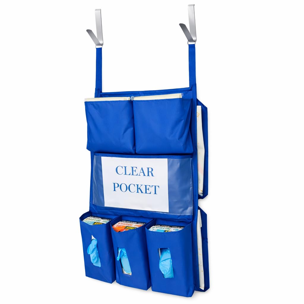 It's Sew EZ PPE Isolation Door Caddy - 8 Pockets - NFPA-701 Fire Resistant Nylon Oxford with Two Stainless Steel Hooks included (Royal Blue)