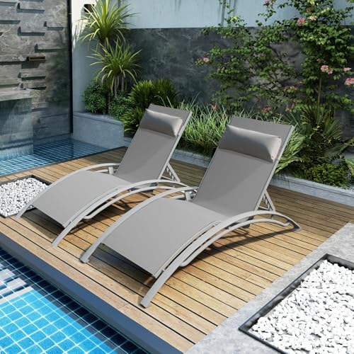 SHPAI Outdoor Chaise Lounge Set of 2, Aluminum Patio Outdoor Lounge Chair for Beach Pool Sunbathing, Lawn Lounger Recliner Chair with 5 Adjustable Position, Outside Tanning Chairs with Armrest, Grey