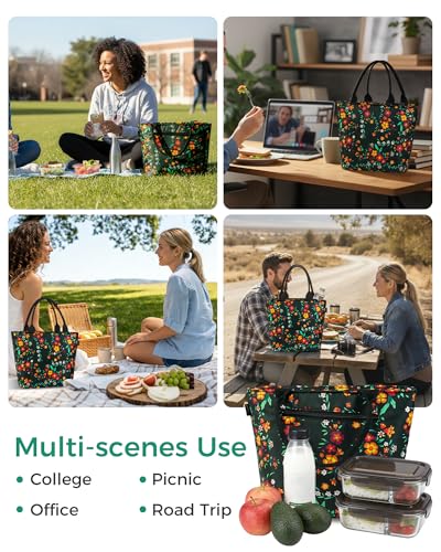 Image of Gloppie Womens Lunch Bag Insulated Lunch Tote Leakproof Cooler Bag for Work | 3-Layer Thermal Liner,Keeps Meals Cool Fresh In Summer, Reusable Food-Grade Leakproof Liner, Medium Size With Rear Pocket