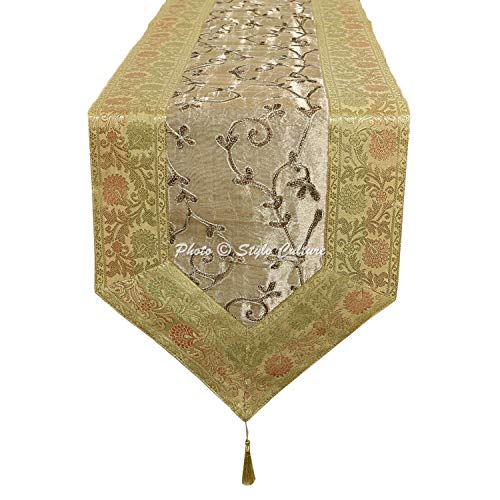 Image of Ari Zari Embroidery Table Runner Decorative 6 Seater 72 Inch Gold & Grey Banarasi Brocade Satin Decorative Long Runner Up with Tassels Dining Table Tablecloth