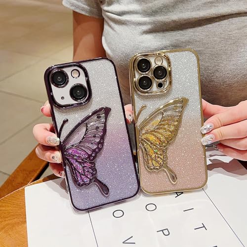 Image of MIDOS Designed Compatible with iPhone 14 Plus Case with Glitter Cute Butterfly Plating Design Aesthetic Women Girls Cover for iPhone 14 Plus (Purple)