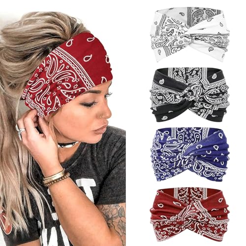 Haarbänder Damen Breite Elastische Weiche 4 Pcs Sommer Boho Stirnband Print Haarschmuck Yoga Sport Haarband Mehrfarbig Dünn Stirnbänder (Mehrfarbig-D)