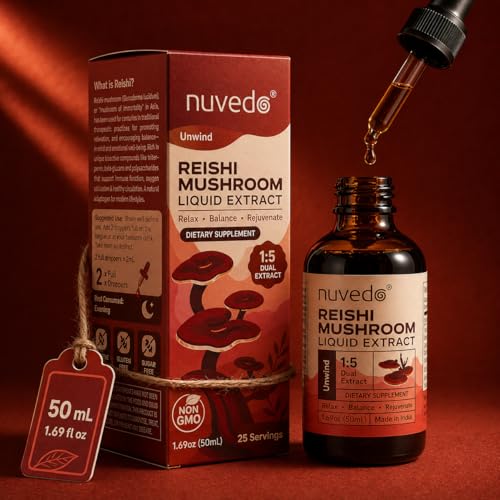 Image of Nuvedo Reishi Mushroom Liquid Extract | 50 mL | 1:5 Dual Extract | Alcohol Free, 100% Fruiting Body Extract | Herbal Supplement | For Sleep & Immune Support, Relaxation | As Seen on Shark Tank