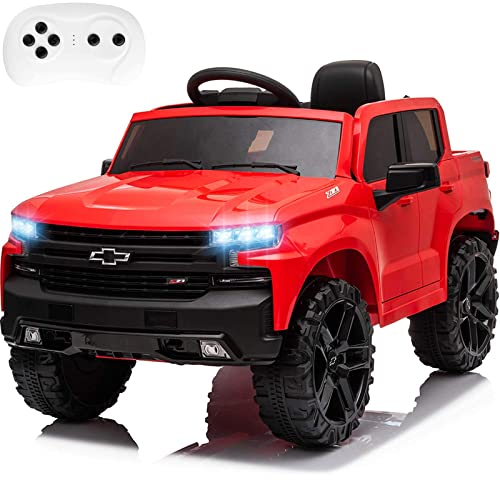 FXIONA 12V Kids Ride On Truck Car Electric Vehicle Battery Power 4 Wheels Car with Parent Remote Control Chevy Chevrolet Silverado Toddler Cars for Baby Drive Age 1-8 Year Girl Boy (Red)