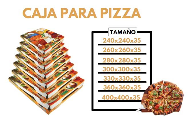 Caja para pizza con diseño, Kraft, Cartón microcanal compostable, 100 unidades, disponible en medidas S, M, L, XL, Ideales para delievery, takeaway (400x400x35)