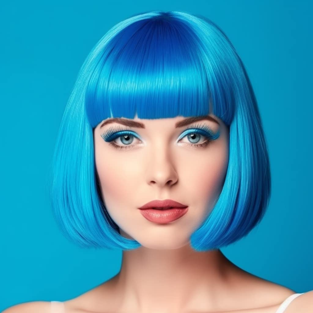 Party Wigs Wig Cap and Sunglass Set,Short Bob Hair Wigs Straight with Flat Bangs Synthetic Colorful Cosplay Daily Party Neon Wig for Women (Blue) - Image 3