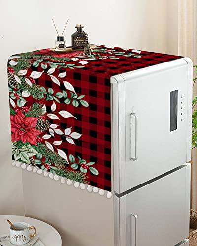 Fridge Dust Cover, Christmas Washing Machine Top Covers With 4 Storage Pockets, Xmas Eucalyptus Leaves Poinsettia Pine Cones Red Plaid Kitchen Refrigerator Covers Protector Storage Bags, 28" X 67" #TOP2