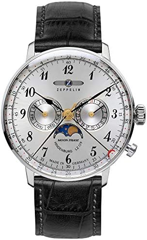 Zeppelin Series LZ129 Hindenburg Men's Multifunction Day/Date Moon Phase Watch Silver with Black Strap 7036-1
