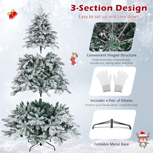 Image of Goplus 6ft Pre-Lit Snow Flocked Christmas Tree, Artificial Hinged Xmas Tree with 1415 Branch Tips, PE & PVC Mixed Leaves, 260 Warm-White LED Lights, Foldable Metal Base, for Home Office Holiday Decor
