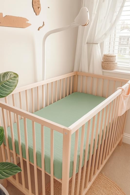 Image of Crib Sheets for Baby Boy Girl 2 Pack, Fitted Crib Mattress Sheet 28 inch x 52 inch, Muslin Toddler Bedding with Neutral Style, Nursery Bedding Essentials (Beige & Sage)
