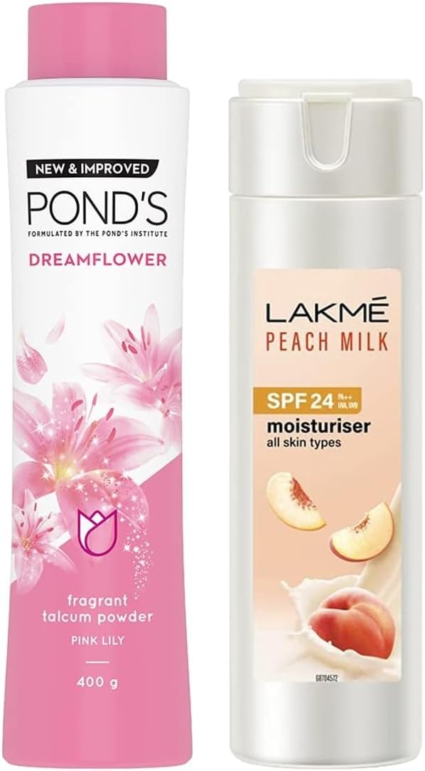 Dreamflower Fragrant Talcum Powder, Pink Lily, 400 g And Lakme Peach Milk SPF 24 PA Sunscreen Moisturiser, 120 ml