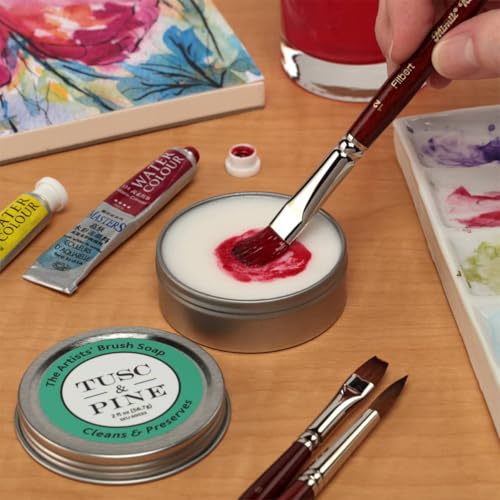 Image of Tusc & Pine The Artists' Brush Soap - 4 Pack, 24oz Plant-Based Brush Cleaner, Oil, Acrylic, Watercolor Paint - Nourishes Bristles; Made in North Carolina; Alkali Soap, Gentle Pine Fragrance