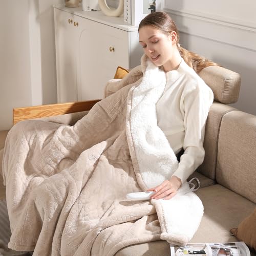 Electric Throw Blanket Heated Throw 50''x60''- Wheat Pattern Flannel & Sherpa Heated Lap Blanket with 5 Heat Settings & 4-Hour Auto Shut-Off, ETL & FCC Certified, Machine Washable Home Use, Beige