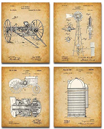 Original Farming Patent Prints - Set of 4 Photos - Great Farmhouse Decor, Vintage Farm Equipment Patent, Agriculture Art Poster and Gifts for Farmers, Classic Patent 8x10 Unframed Art Print Poster
