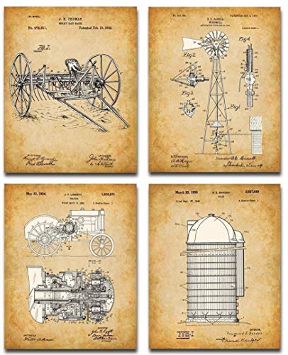 Original Farming Patent Prints - Set of Four Photos (8x10) Unframed - Makes a Great Farm House Decor and Gift Under $20 for Farmers and Farm Owners