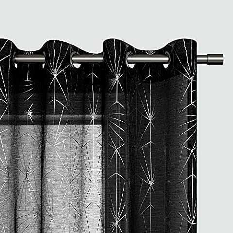 Black and Silver Grey Sheer Curtains 84 Inch Length for Bedroom Geometric Stripe Pattern Grommet Top Window Curtains 2 Panels Diamond Golden Foil Stamping Printed Kids Room Drapes 52x84 Cover
