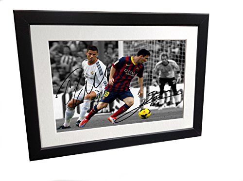 Signed Black Soccer Lionel Messi Barcelona Cristiano Ronaldo Real Madrid Autographed Photo Photograph Picture Frame Gift SM