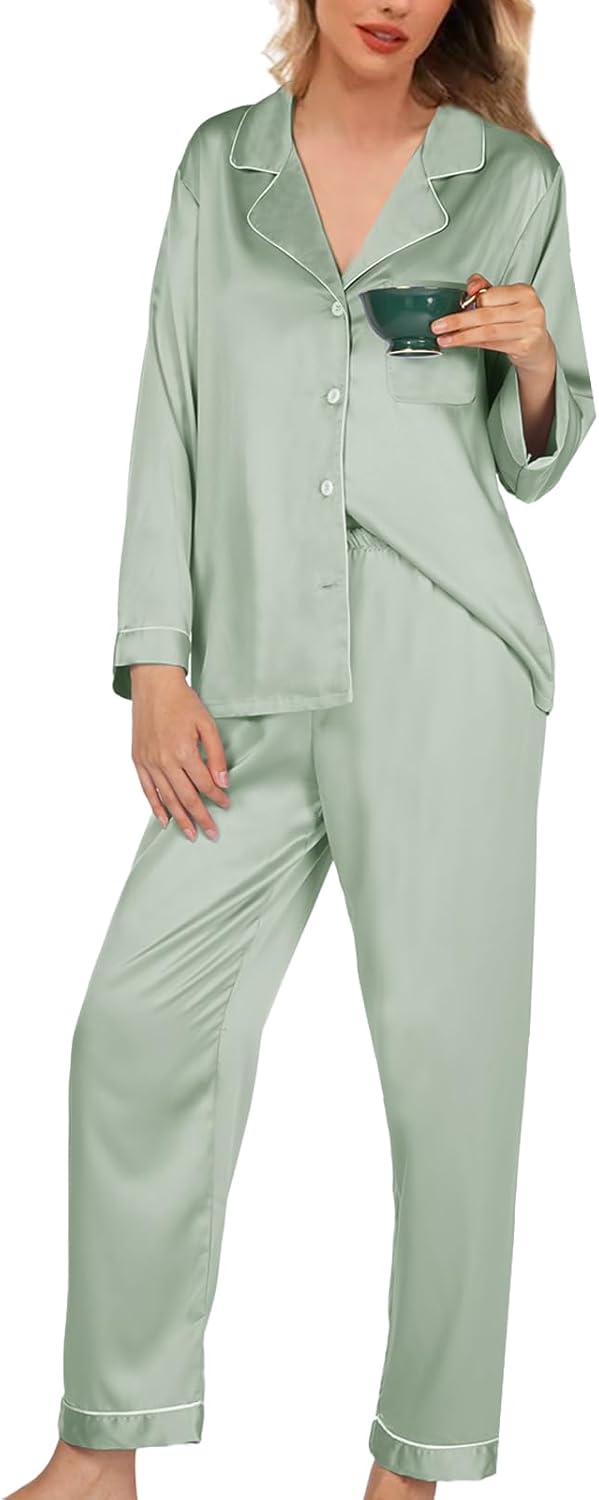 Womens Satin Pajamas Set 2Pcs Silk Pajama Long Sets XS-3XL Silky Long Pj Sets Sleepwear Stripes Pjs Loungewear - Image 2