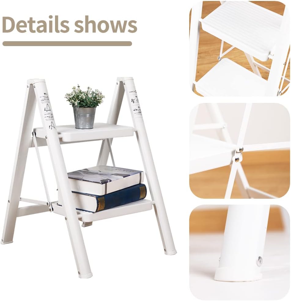 Hershii Lightweight Step Ladder 2 Setp Folding Stool Heavy Duty Stepladder with Wide Anti-Slip Pedal Home Kitchen Plant Stand Ladders Shelf Bookcase Storage Rack - White