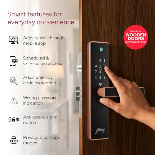 Image of Godrej Smart Lock | Neo Connect Digital Lock for Wooden Door| WiFi, Fingerprint, PIN, RFID Card, Mobile App, Mechanical Key| 5 in 1 Access | 3 Dead Bolts | Rose Gold | 3Yrs Warranty Free Installation*