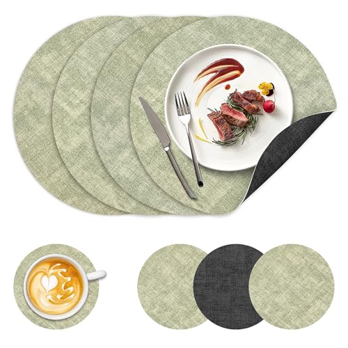 Image of 13 inch Round Placemats Set of 4, NCUE Dual-Sided Faux Leather Heat Resistant Table Mats, Waterproof Oilproof Washable Protective Table Placemats with Coaster, Wipeable Vinyl for Indoor & Outdoor Use