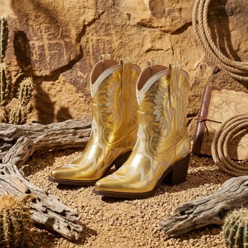 Image of HOCHFART Western Boots for Women Metallic Embroidered Pointed Toe Cowgirl Boots Chunky Heel Pull-On Short Cowboy Boots Wide Calf Country Ankle Boots