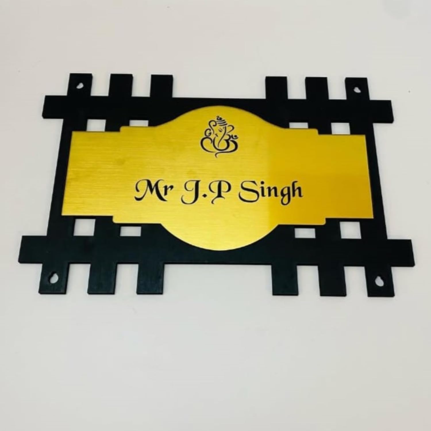 Wooden Personalized Name Plate for Home Entrance | Stylish Jali Design Gold Finish | Customizable Door Nameplate for Flat, Villa & Office | Wall Name Board 20x30 cm (Gold) — Amazon image 4