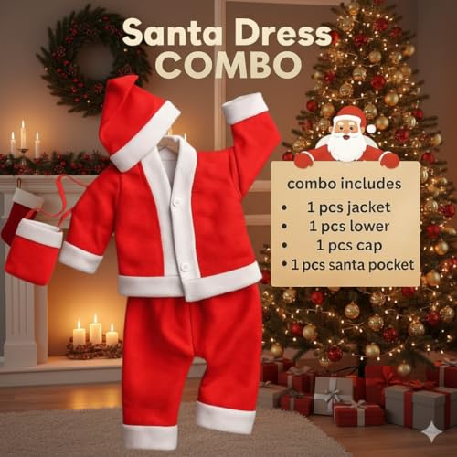 Image of PoPo Toys Santa Claus Costume for Christmas Children 1-3 Years| Red Santa Suit with Fur Trim, Belt, Hat & Beard | Xmas Party & Fancy Dress Outfit Size 0