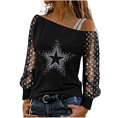 InKach Womens Off The Shoulder T Shirt - Long Sleeve Cute Tunic Tops Pullover Blouses Shirts with Stars-Pattern Rhinestone Black