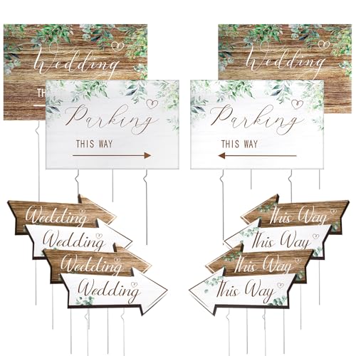 Wenqik 10 Pcs Wedding This Way Directional Parking Signs Include 4 Square and 6 Arrow Shaped Wedding Directional Parking Road Signs with Stakes, Large Double Sided(Brown,Leaf)