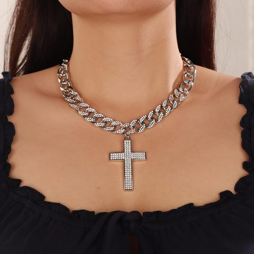 Jumwrit Chunky Cuban Link Chain Necklace Silver Long Rhinestone Cross Pendant Necklace Hip Hop Thick Chain Choker Necklace for Women - Image 2