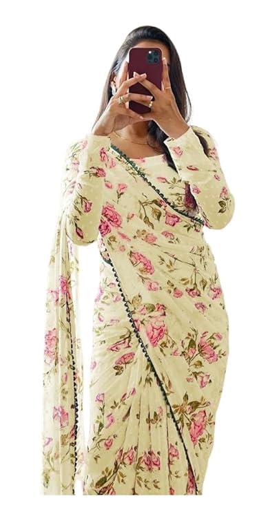Vediknectar® Sari georgette imprimé floral, prêt-à-porter en 1 minute avec chemisier non cousu,...